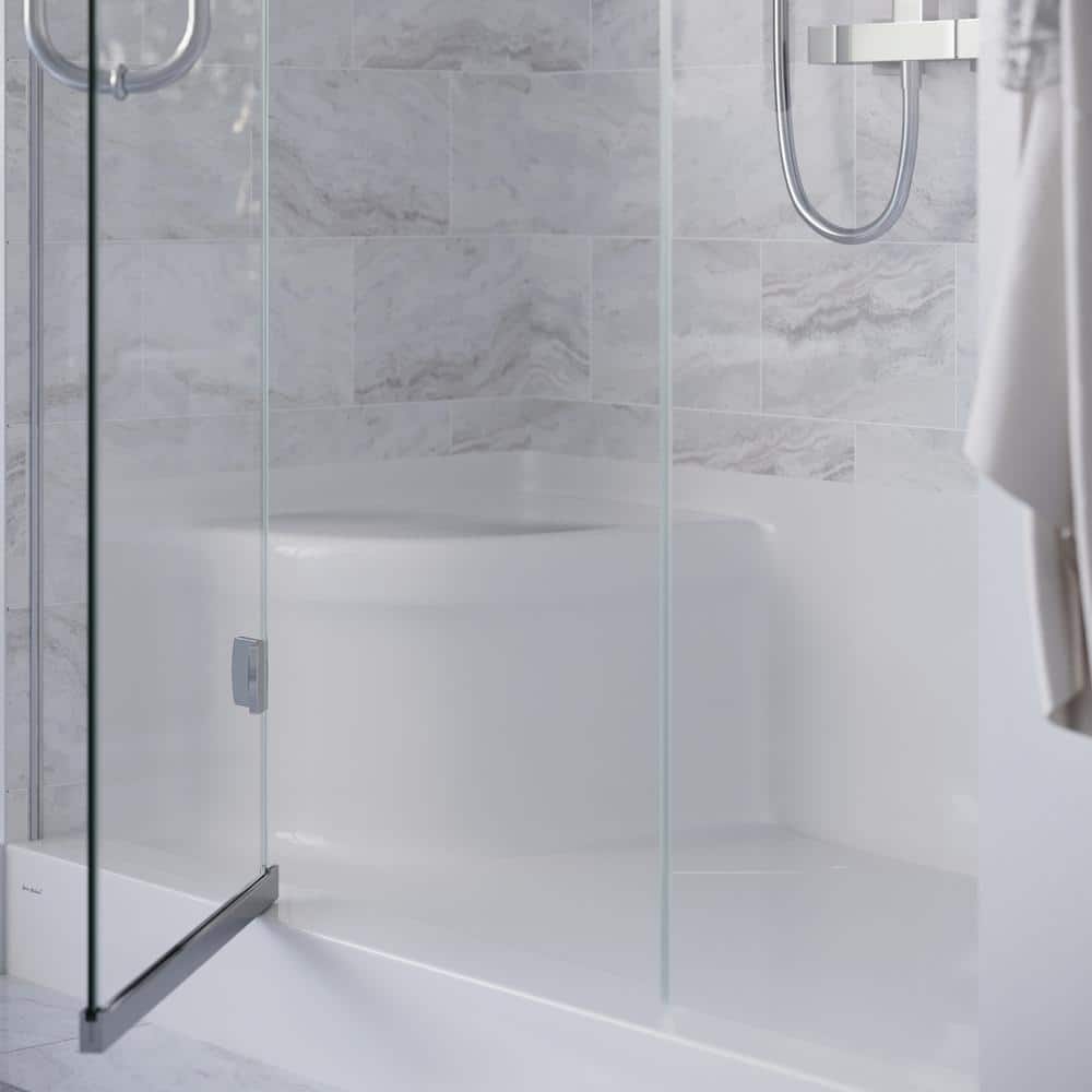 White Acrylic Single Threshold Shower Base with Seat and Right Drain