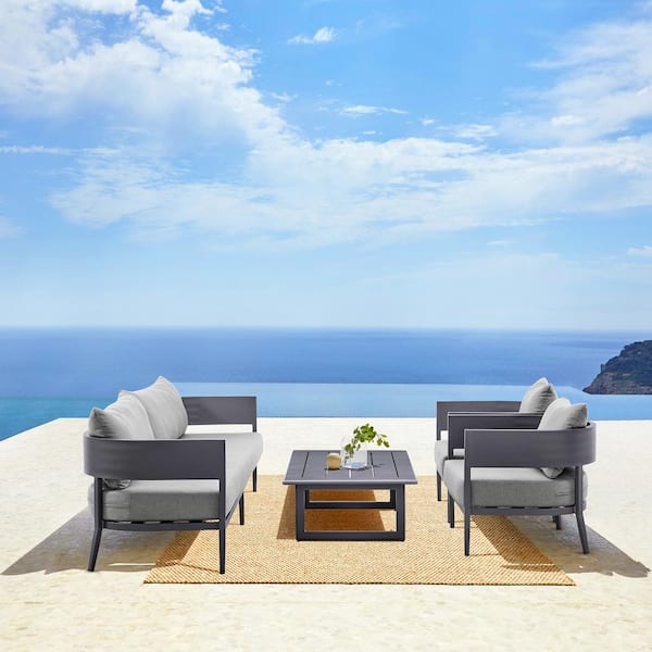 Armen Living Argiope Dark Gray 4-Piece Aluminum Patio Conversation Set with Dark Gray Cushions