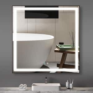 36 in. W x 36 in. H Large Square Backlit Framed Defogger Dimmer Wall Mounted LED Lighted Bathroom Vanity Mirror in Black