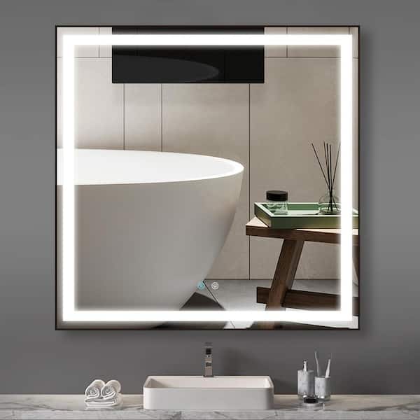 Zeafive 36 in. W x 36 in. H Large Square Backlit Framed Defogger Dimmer Wall Mounted LED Lighted Bathroom Vanity Mirror in Black