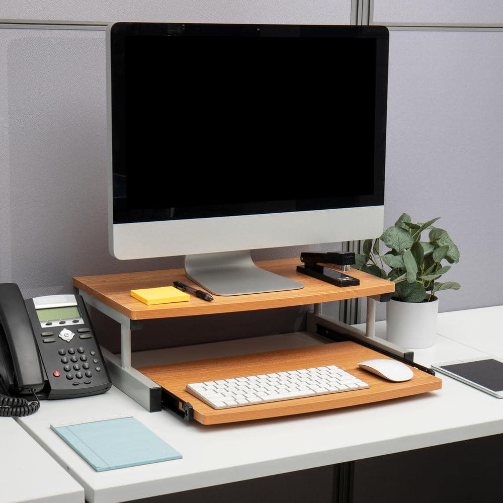Brown MDF and Metal Monitor Stand with Sliding Keyboard Drawer