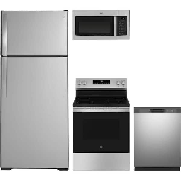 17.5 Cu. Ft. Top Freezer Refrigerator with 4 Burner Element Free-Standing Electric Range and Stainless Steel Dishwasher
