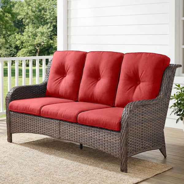 Carolina Brown Wicker Outdoor Couch with Red Cushions