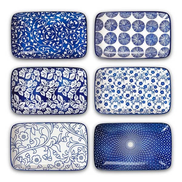 8 in. Ceramic Rectangular Salad Plates Set of 6, Vintage Blue Dinner Plates, Microwave, Oven and Dishwasher Safe