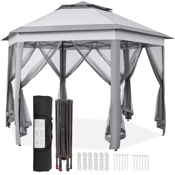 13 ft. x 13 ft. Hexagonal Outdoor Gazebo Pop-Up Canopy Metal Frame Mesh Netting for Patio Backyard Garden