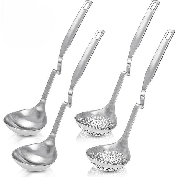 4 Piece Stainless Steel Slotted Hot Pot Ladle Set Silver Durable Strainer Scoop Utensil for Soup Sauce Hotpot