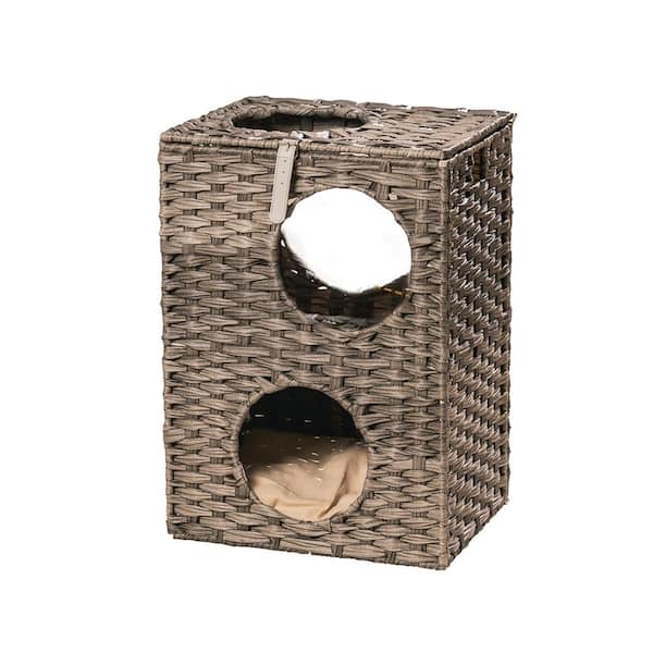 maocao hoom Rattan Cat Litter, Cat Bed with Rattan Ball and Cushion in Grey