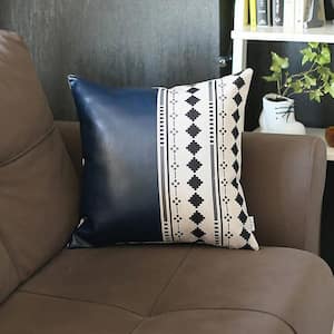 Bohemian Handmade Vegan Faux Leather Navy Blue 17 in. x 17 in. Square Abstract Geometric Throw Pillow