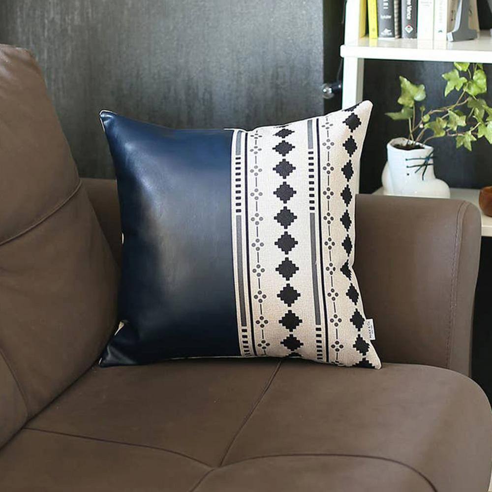Navy Blue and Ivory Geometric Faux Leather Throw Pillow Cover 17" x 17"