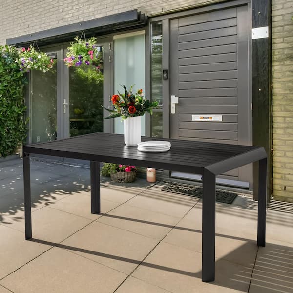 Black Rectangle Aluminum Outdoor Dining Table with 2.36 in. Umbrella Hole