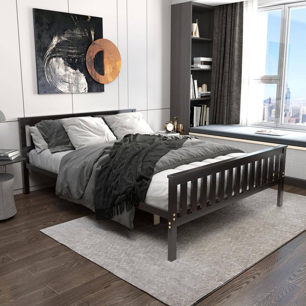 Elegant Espresso Queen Platform Bed with Wooden Frame and Headboard