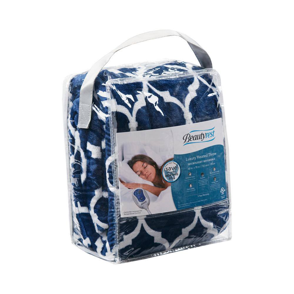 Indigo and White Oversized Plush Heated Throw Blanket 60x70"