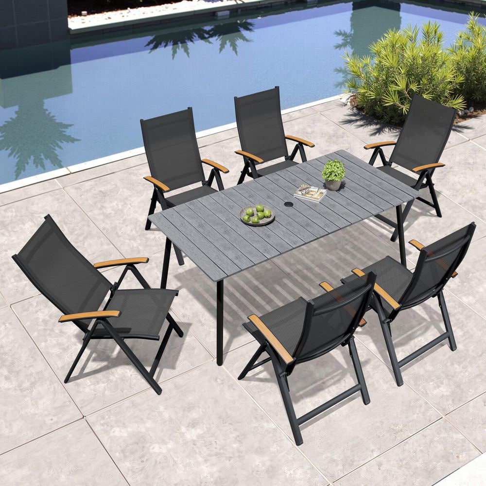 7-Piece Outdoor Dining Set 6 Folding Chairs with Teak Armrest and 8-Adjustable Positions Aluminum 70.8 in. Table in Gray price history on PriceWatchPro