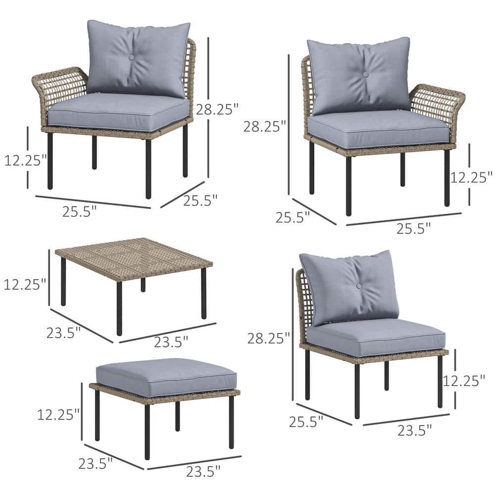 Light Gray 5-Piece Rattan Patio Furniture Set with Cushions