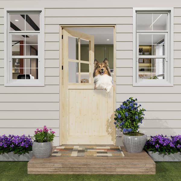 36 in. x 80 in. Solid Pine Universal 4-Lite Clear Glass Unfinished Wood Prehung Front Dutch Door w/Quick Assemble Jamb
