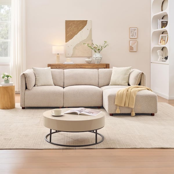 Suarez 96 in. Pillow Top Arms 4-Piece Polyester Sectional Sofa with Ottoman in Sesame