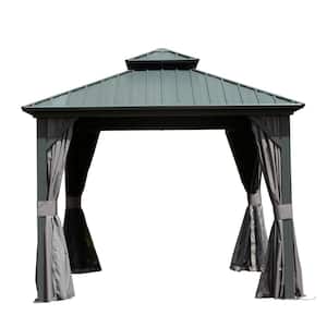 10 ft. x 10 ft. Aluminum Hardtop Gazebo with Galvanized Steel Double Roof Netting Curtains