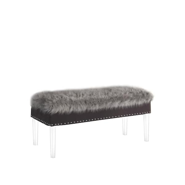 HomeRoots Amelia Gray 42 in. Faux Fur Bedroom Bench Upholstered