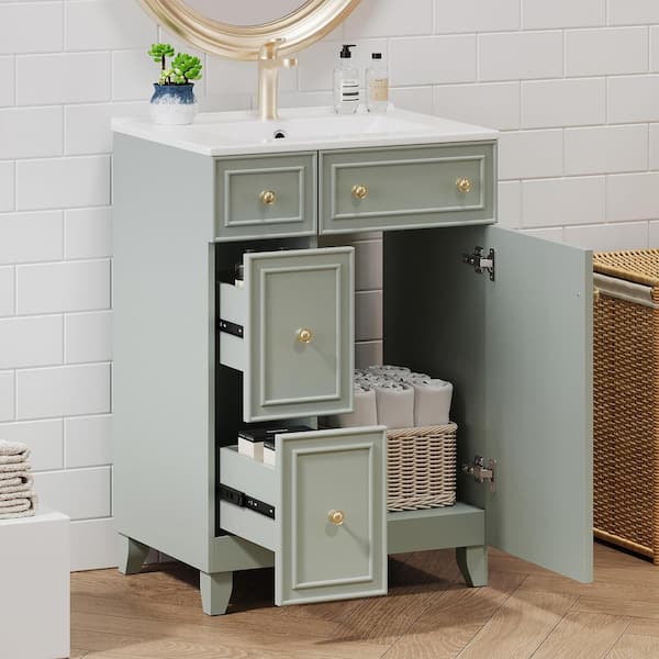Nivencai 24 in. W x 18 in. D x 33 in. H Single Sink Freestanding Bath Vanity in Mint Green with White Ceramic Top and 2-Drawers