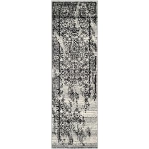 Adirondack Silver/Black 3 ft. x 10 ft. Border Floral Runner Rug