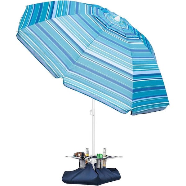 Dyiom Beach Umbrella with Sand Bag and Cup Holder 6.5ft Beach Umbrella with Sand Anchor in Light Blue Striped