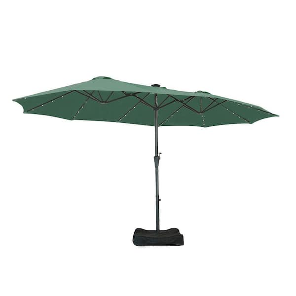 ainfox 15ft double-sided patio solar led lighted market umbrella Ainfox 15 ft. Steel Market Solar Patio Umbrella Double-Side with LED Light in Green with Base