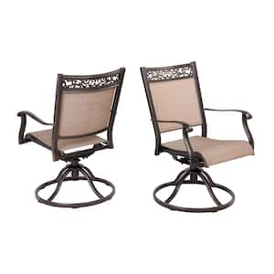 Maisie Dark Black Cast Aluminum Frames PVC Sling Outdoor Patio Dining Swivel Chair in Champagne Beige (Set of 2)