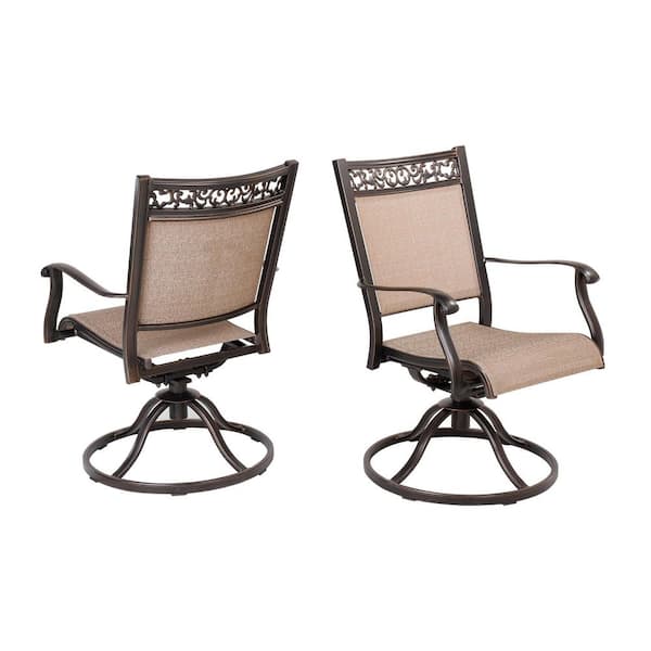 Mondawe Maisie Dark Black Cast Aluminum Frames PVC Sling Outdoor Patio Dining Swivel Chair in Champagne Beige (Set of 2)