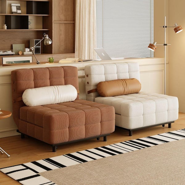 31.39 in. W Beige Folding Corduroy Fabric Twin Sleeper Sofa Bed