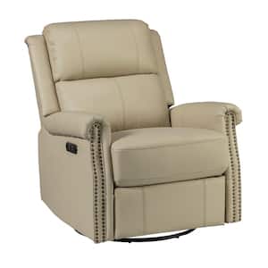 Kaletan Traditional Beige Genuine Leather Power Sliding and Rocking Swivel Recliner Nursery Chair with Rolled Arms
