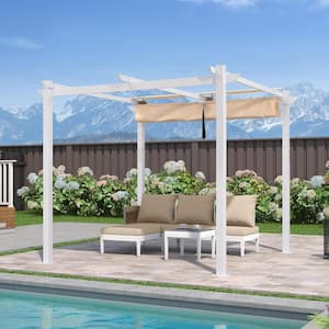 10 ft. x 10 ft. Beige Aluminum Outdoor Retractable White Frame Pergola with Sun Shade Canopy Cover