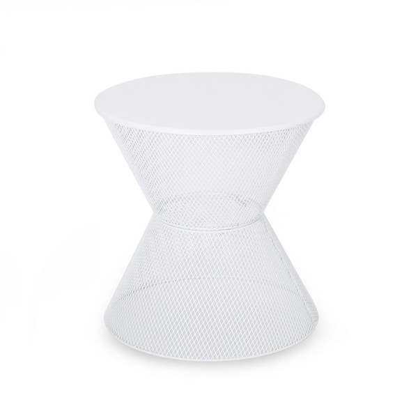 Zeus & Ruta 18.25 in. White Metal Outdoor Patio Side Table with breezy mesh look for Outdoors, Garden, Lawn, Backyard