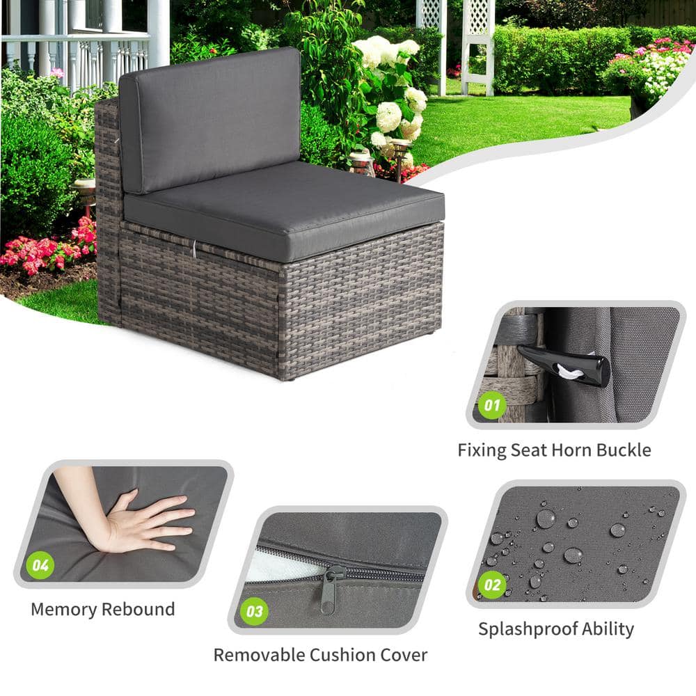 Gray 5-Piece PE Rattan Wicker Outdoor Sectional Set with Glass Table