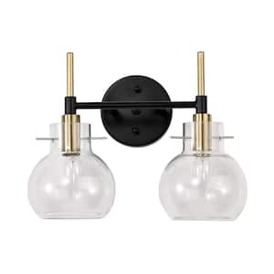 Layla 14 in. 2-Light Indoor Matte Black and Brass Finish Wall Sconce with Light Kit