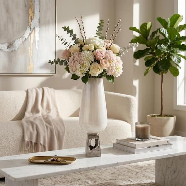 19 in. White Glass with Metal Base Decorative Vase