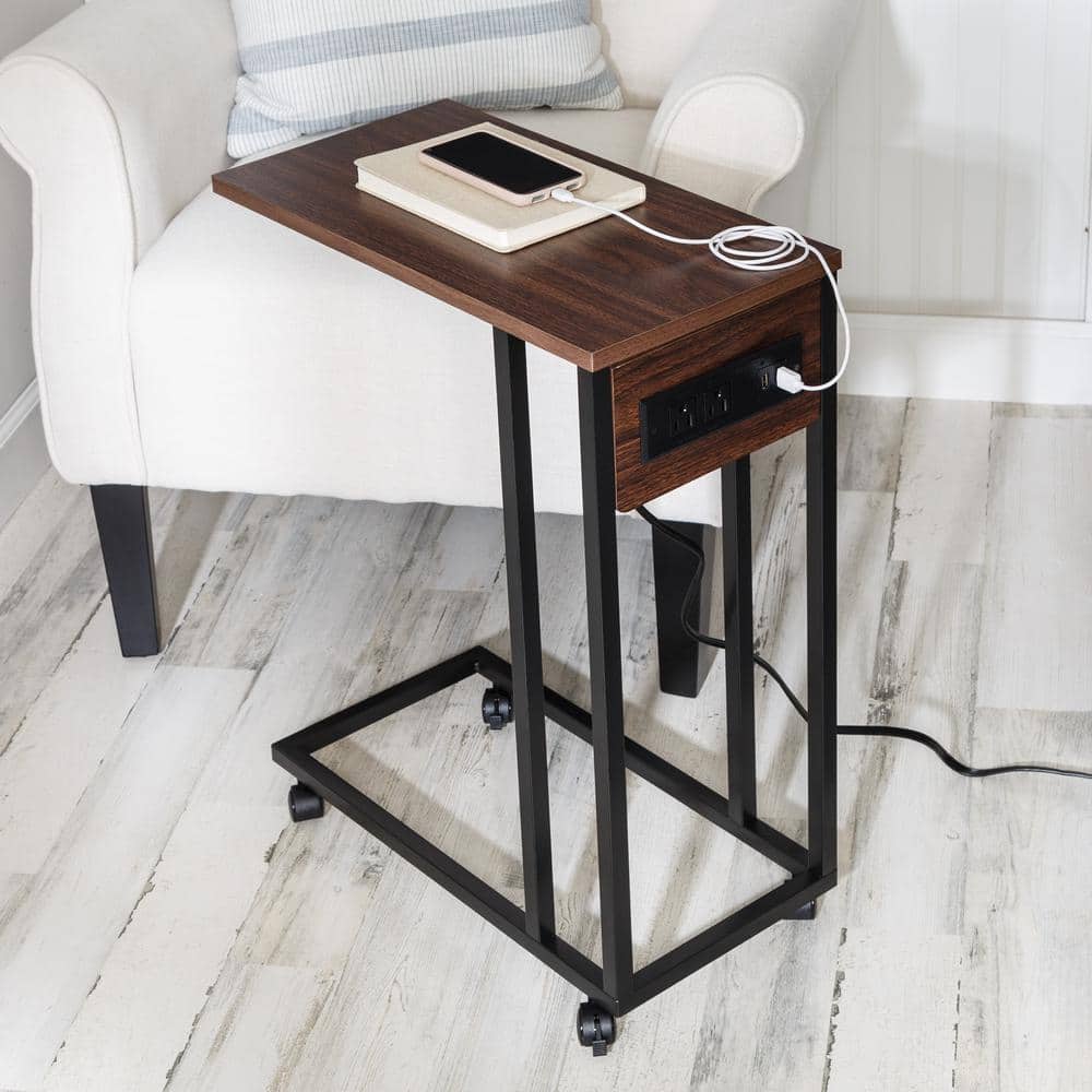 20 in. W Walnut / Black 25 in. H C-Shape MDF End Table with Outlets and Whe