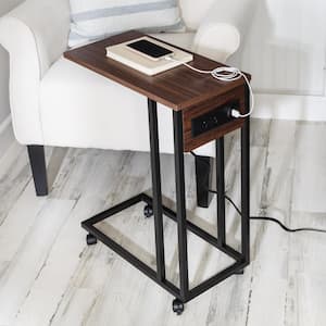 20 in. W Walnut / Black 25 in. H C-Shape MDF End Table with Outlets and Wheels