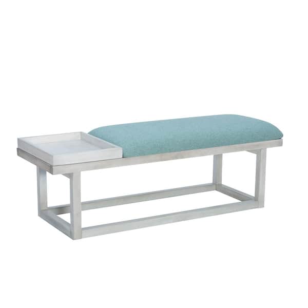 Linon Home Decor Gert Backless Whitewash and Aqua 52 in. Entry Bedroom Bench with Cushioned Seat and Removable Tray