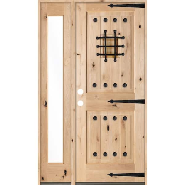 Krosswood Doors 46 in. x 80 in. Mediterranean Alder Sq Clear Low-E Unfinished Wood Right-Hand Prehung Front Door with Left Full Sidelite