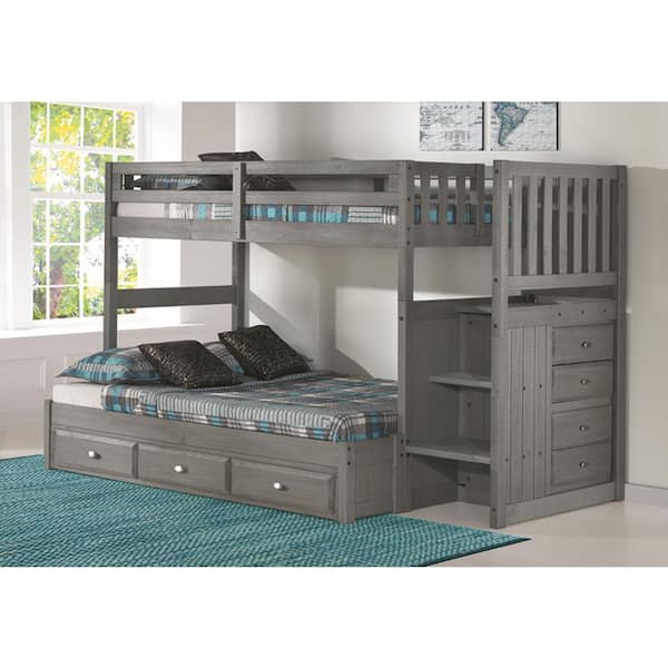 OS Home and Office Furniture Charcoal Gray Twin Over Full Staircase Bunkbed with 4-Drawer Chest and 3-Drawers Under Bed