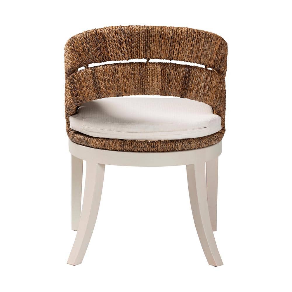 Natural Seagrass and Mahogany Bohemian Arm Chair with White Cushion