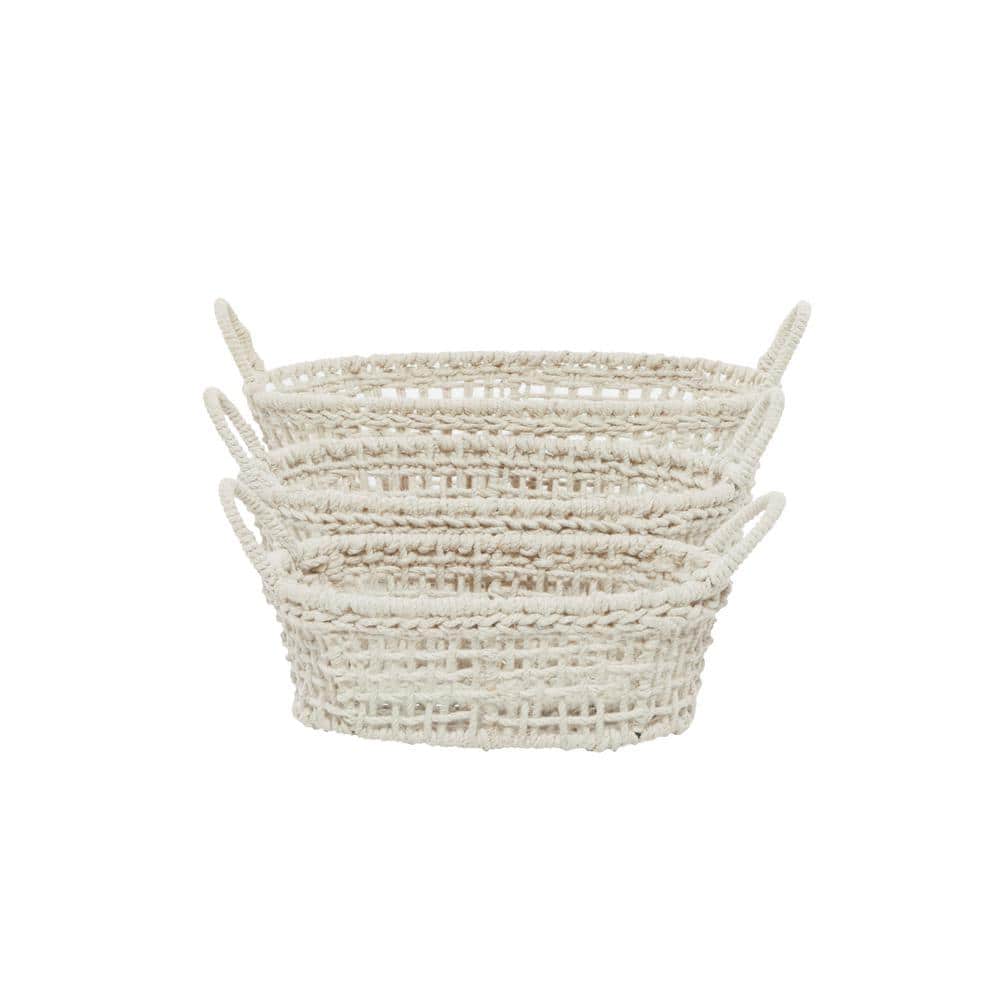 Bohemian White Cotton Rope Oval Storage Baskets - Set of 3