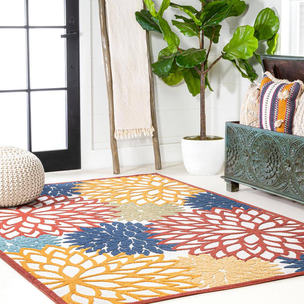 Minori Cream Red Blue Floral Synthetic Indoor Outdoor Rug