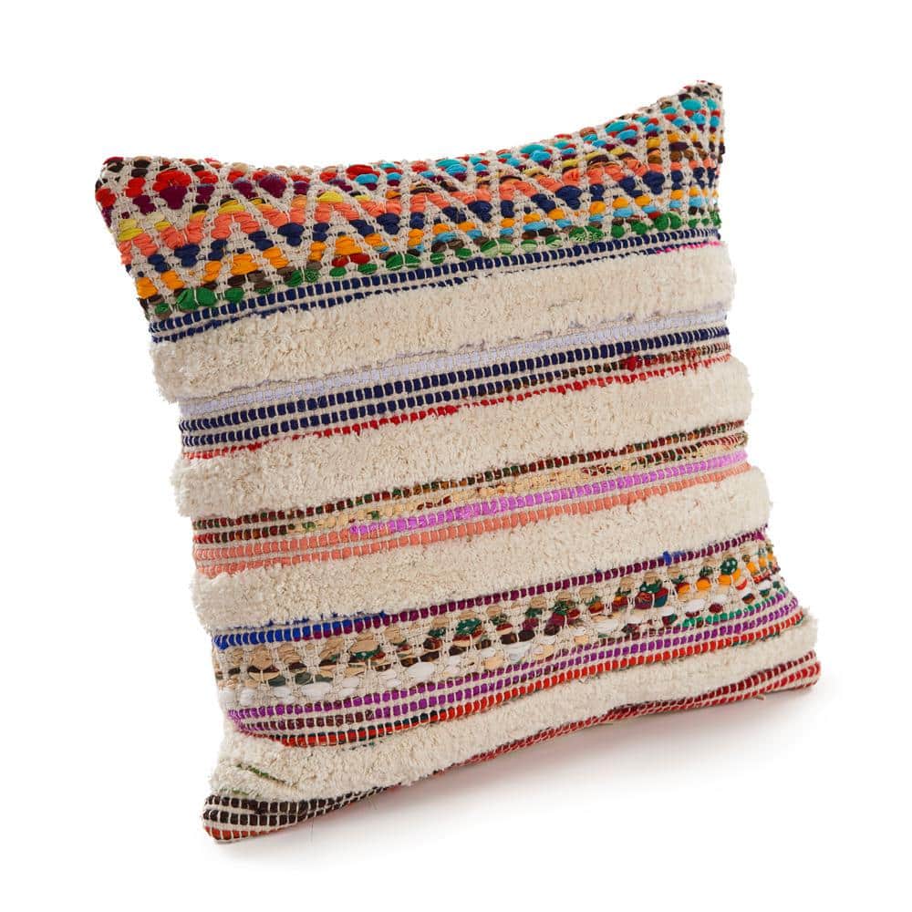 Multicolor Handwoven Cotton Chevron Striped Throw Pillow, 18" Square