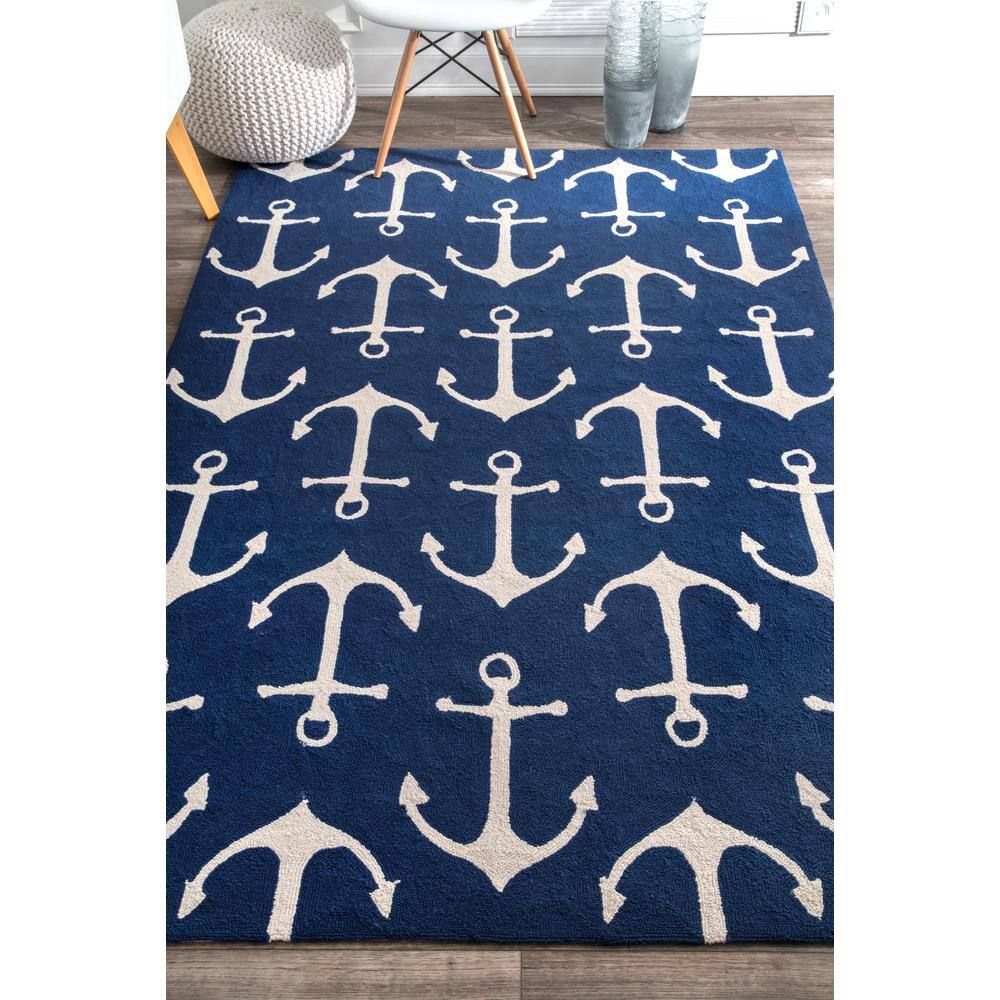 Hand Hooked Navy Blue Synthetic Indoor/Outdoor Area Rug, 3x5