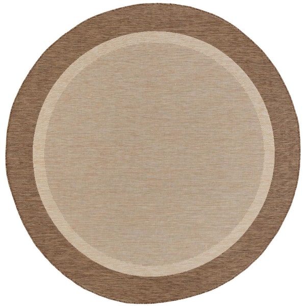 Eco Solid Border Brown 6 ft. Round Indoor/Outdoor Area Rug