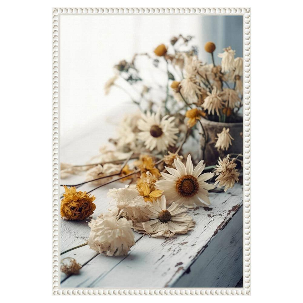 White and Yellow Beaded Frame Botanical Canvas Wall Art