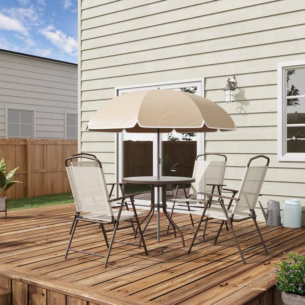 6-Piece Metal Outdoor Dining Set with Umbrella, with 4-Folding Patio Dining