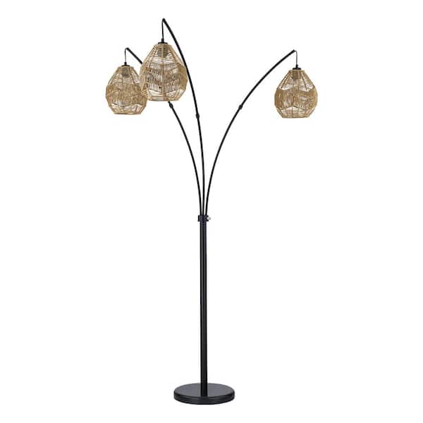 Maxax Chicago 76.6 in. Black Marble Traditional Farmhouse 3-Light Swing Arm Floor Lamp with Brown Paper Rope Shade
