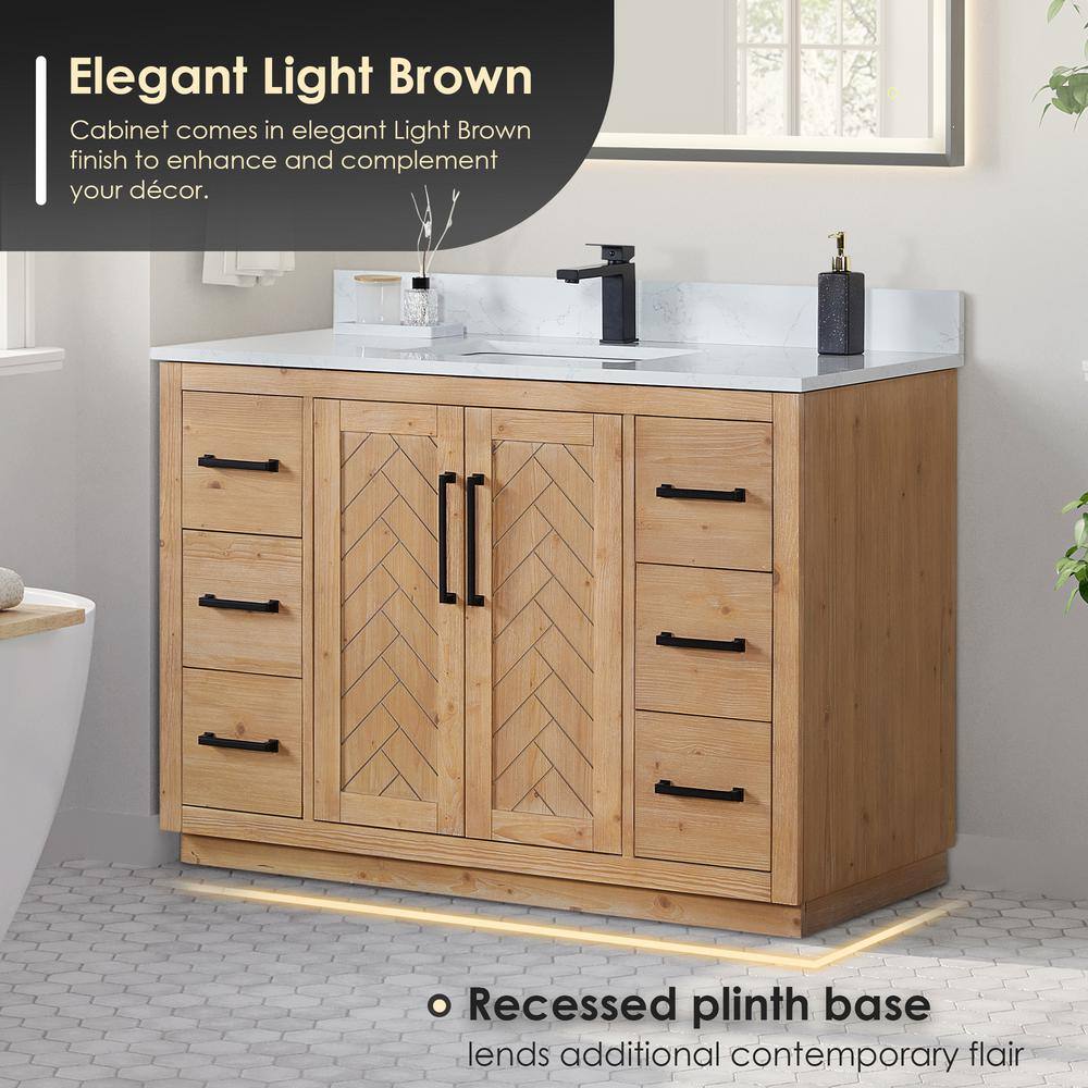 Anais 48" Light Brown Wood Vanity with White Stone Top and Mirror